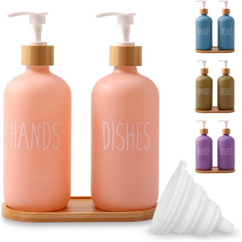 Loochica 2 Pack Blush Pink Glass Soap Dispenser Set with Tray, Hand and Dish Glass Soap Dispensers for Kitchen Sink, Kitchen Soap Dispenser Set Suitable for Kitchen Decor - Image 1